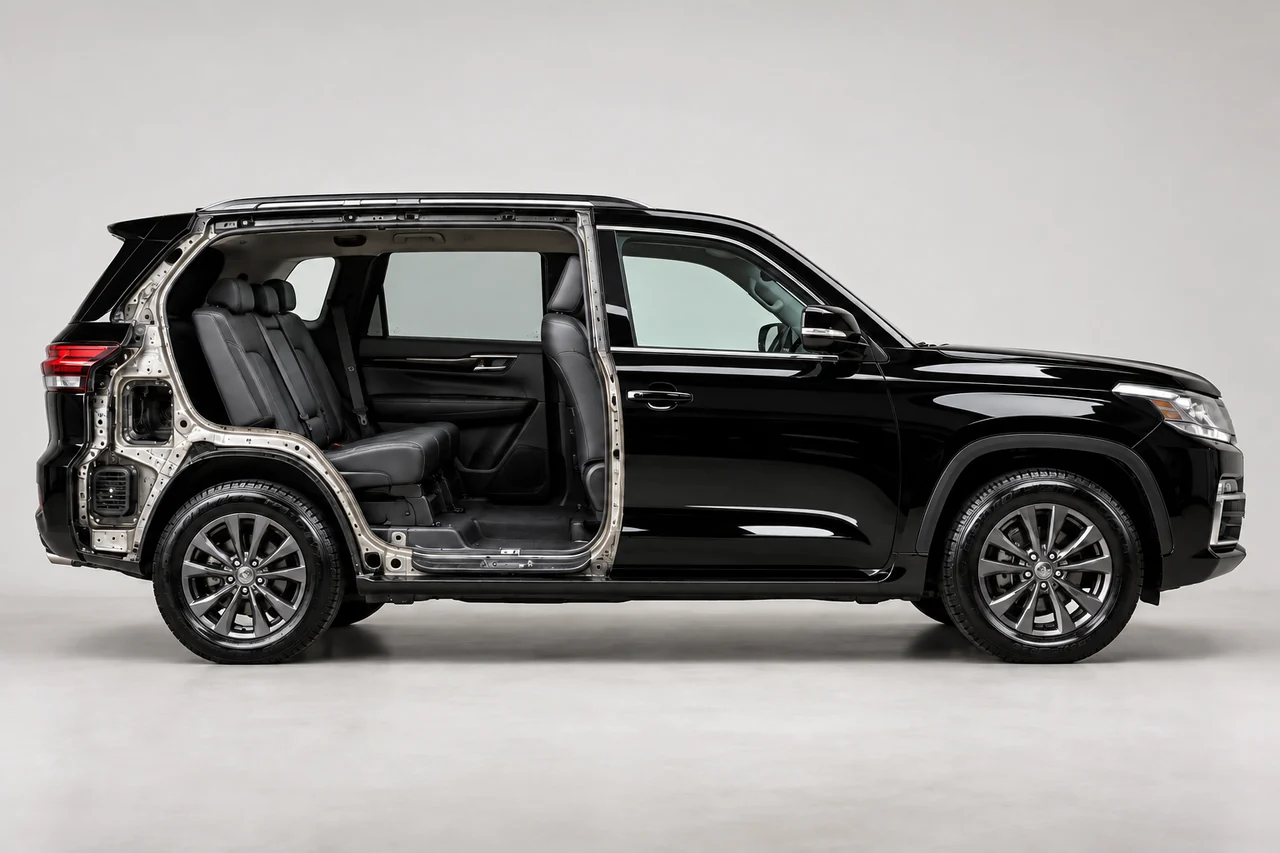 The same black SUV cutaway after detailing, with clean windows, seats, floors, tires and a waxed exterior