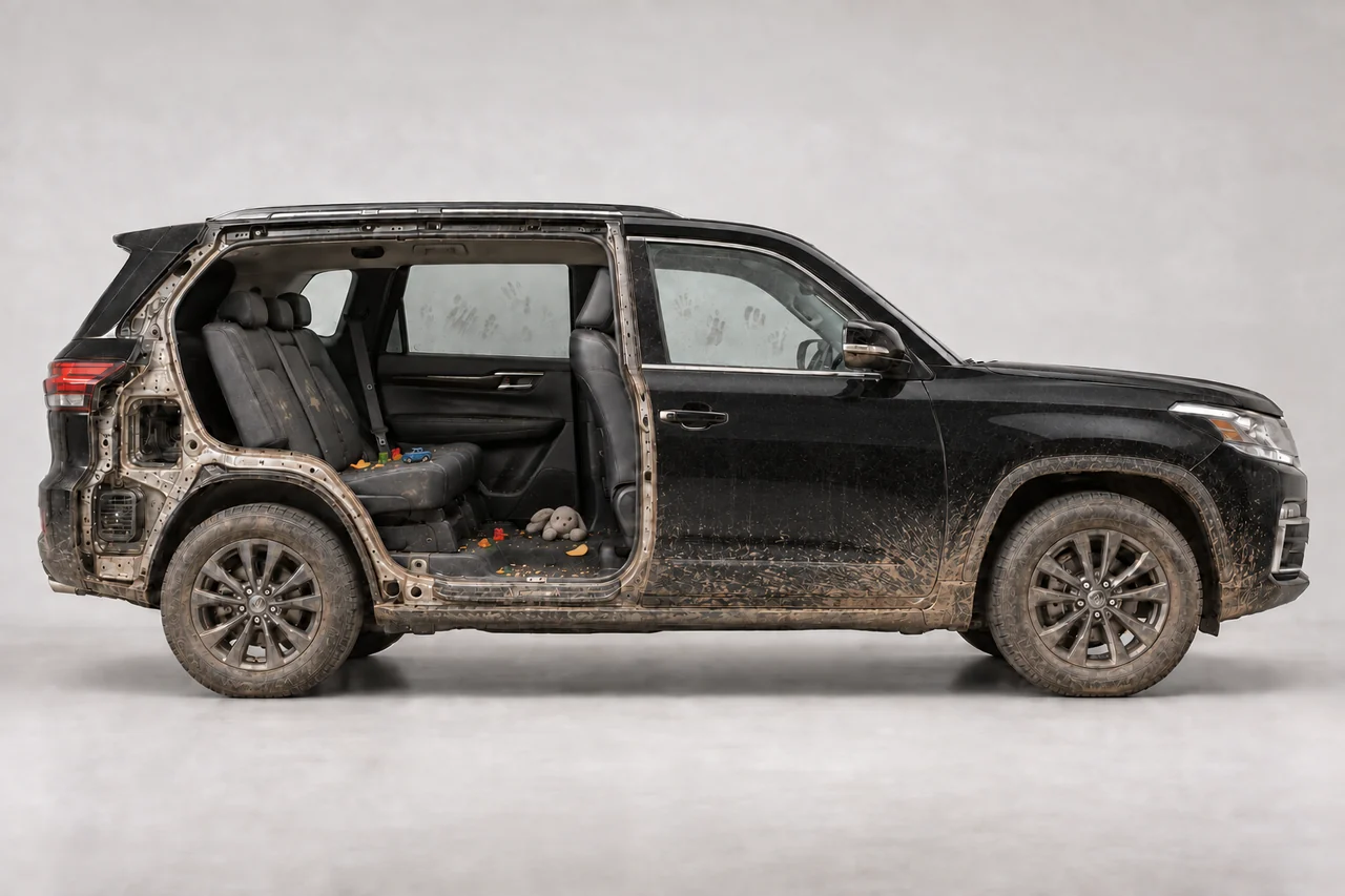 Black SUV cutaway before detailing, with child fingerprints on glass, seat stains, crumbs, snacks and toys, dusty tires and light mud low on the exterior