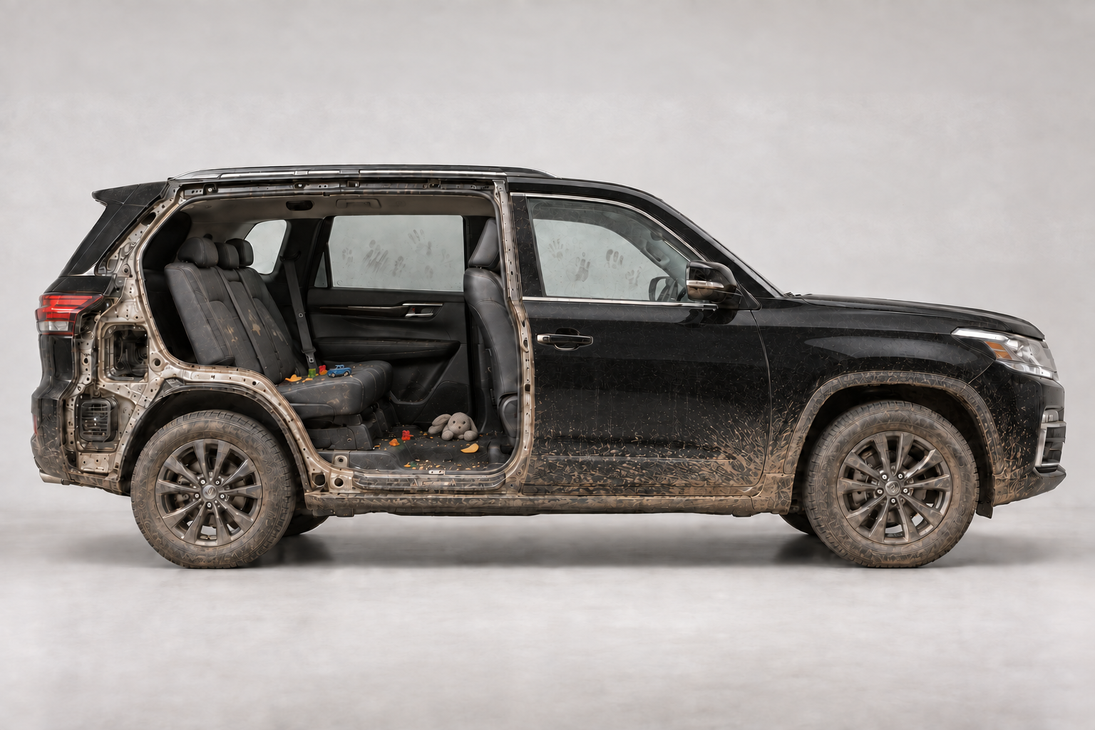 Black SUV cutaway before detailing, with child fingerprints on glass, seat stains, crumbs, snacks and toys, dusty tires and light mud low on the exterior