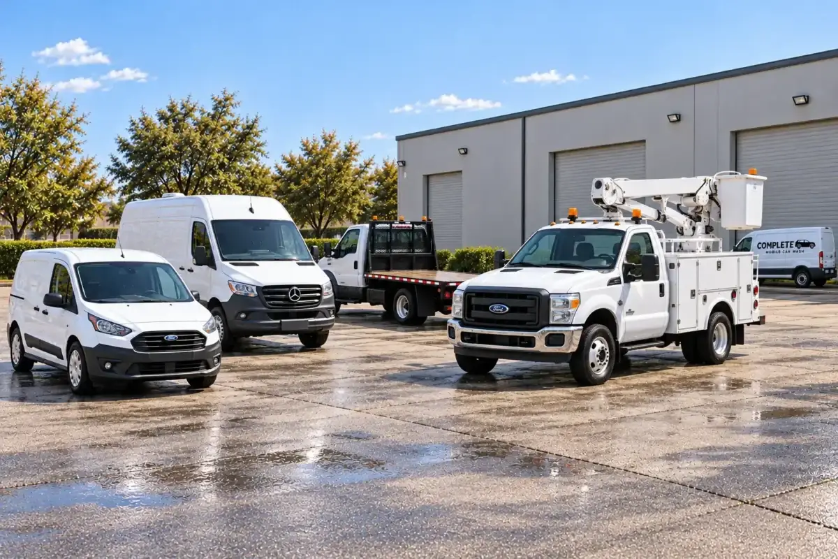 Clean fleet with a cargo van, Sprinter, flatbed, and utility bucket truck