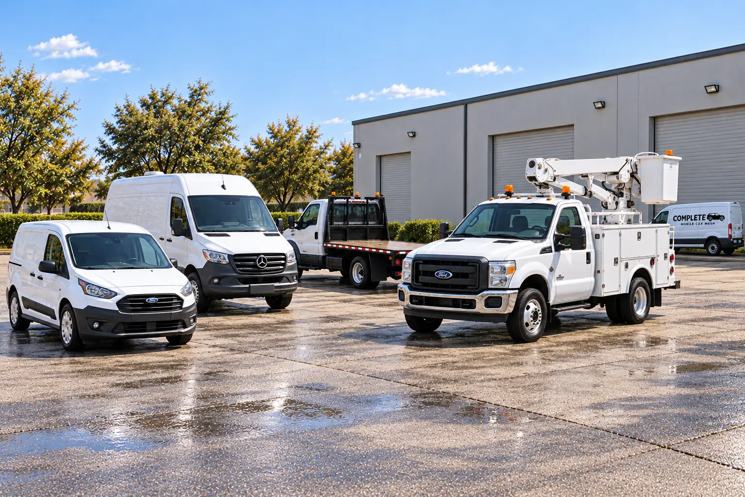 Illustrative clean fleet with a cargo van, Sprinter, flatbed, and utility bucket truck