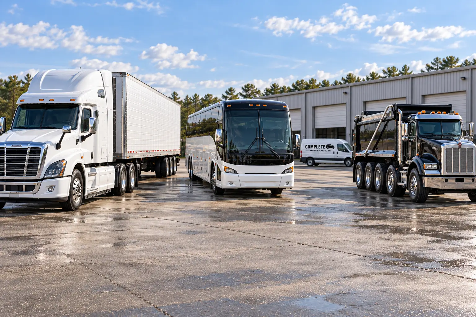 Illustrative clean fleet with a semi and trailer, bus, and dump truck