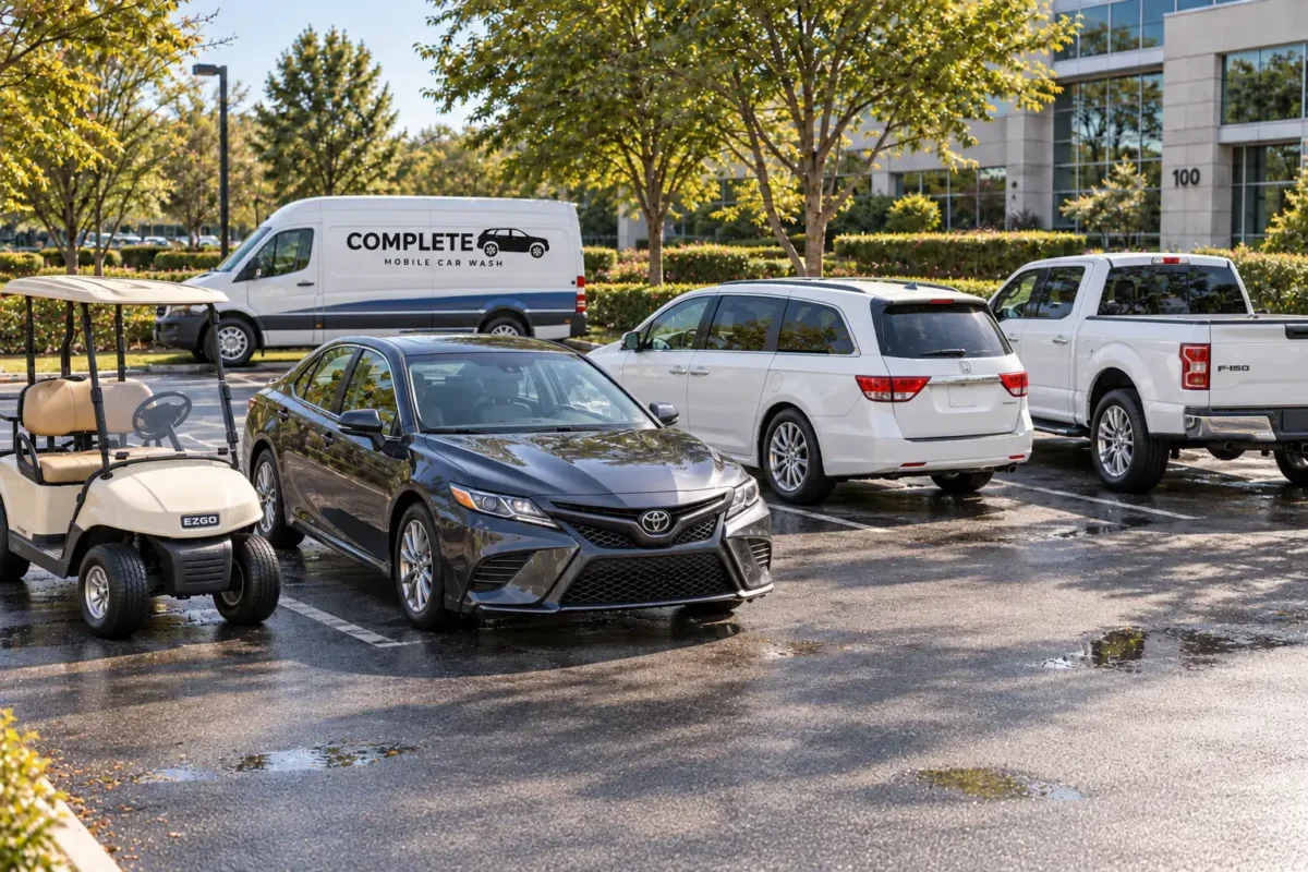 Clean fleet with a golf cart, sedan, passenger minivan, and pickup